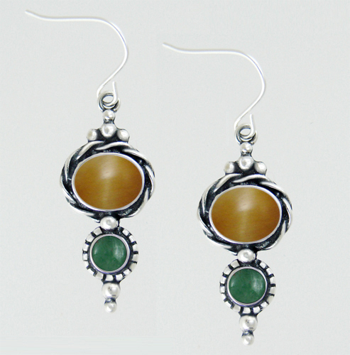 Sterling Silver Drop Dangle Earrings With Cat's Eye And Jade